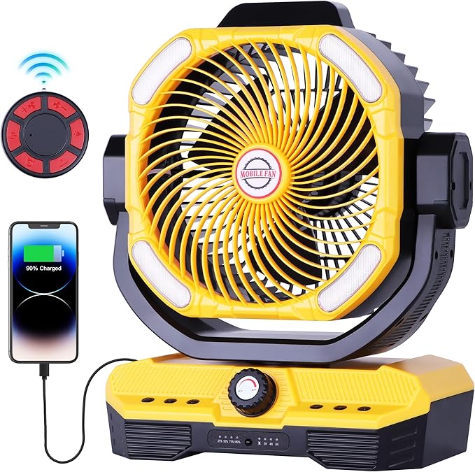 WESTTREE Battery Powered Fan Powerful Airflow Battery Operated Air Circulator Fan for Bedroom,Quiet & 360°Auto Oscillating Rechargeable Camping Fans with LED Light (RGBW) X66 Yellow