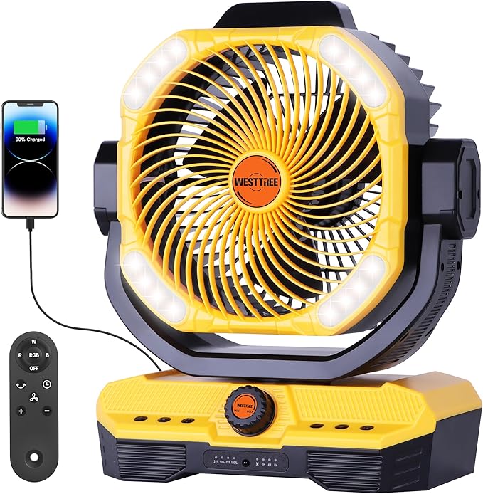 WESTTREE Battery Powered Fan Powerful Airflow Battery Operated Air Circulator Fan for Bedroom,Quiet & 360°Auto Oscillating Rechargeable Camping Fans with LED Light (RGBW) X66 Yellow