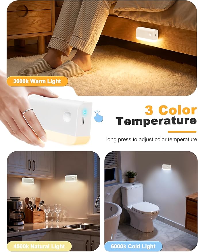 NIORSUN Motion Sensor Stair Lights Indoor, 3 Pack Rechargeable Wireless Step Lights with 3 Color Temperatures, 1200mAh Battery, Magnetic Base for Hallway, Closet, Bathroom, White