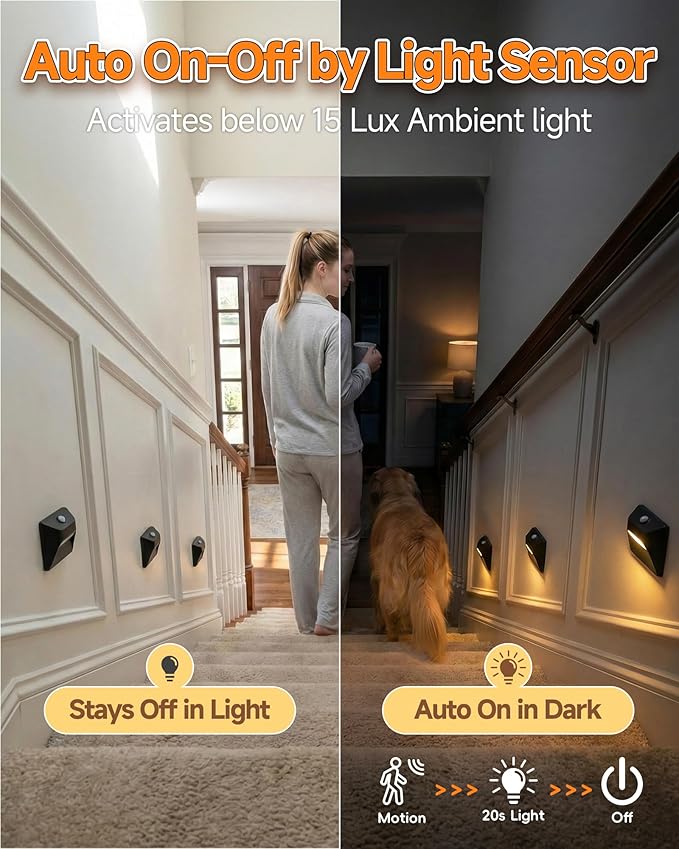 4 Pack 2200mAh Rechargeable Stair Lights Indoor, Step Lights Indoor with Magnetic Mount, Stick-On Motion Sensor Lights for Stairs Hallway Bedroom Kitchen Bathroom Closet Cabinet (Black)