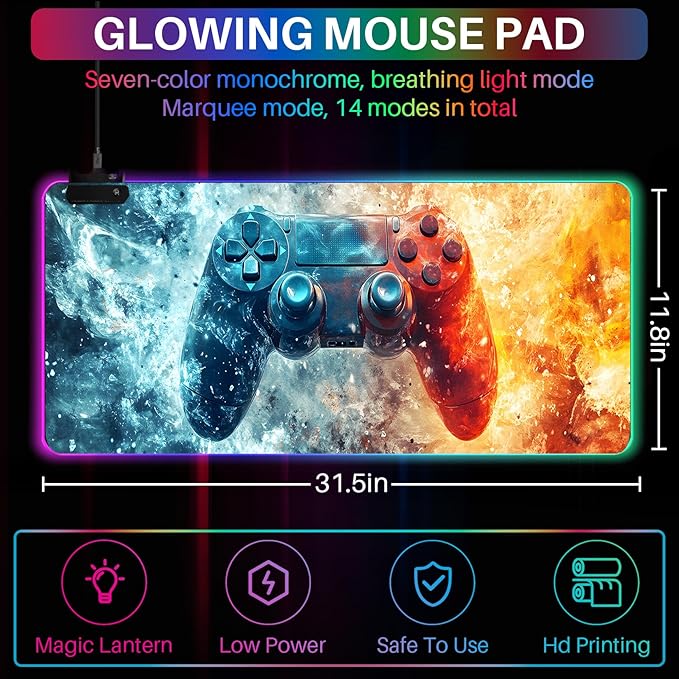 XL Led Gaming Mouse Pad with 14 Light Modes - Light Up Gamer Mouse Pad,31.5 x 11.8in Non-Slip Gamepad Style RGB Large Gamer Mousepad,Black Long Glowing Gaming Accessories for Desk,Waterproof