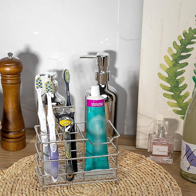 Stainless Steel Toothbrush Holder Stand, 5 Slots Toothpaste Holder for Shower, Bathroom, Multifunctional Organizer for Toothpaste Tooth Brush (Silver)