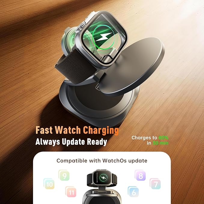 REWONDER 3 in 1 Wireless Charger Station - Qi2.2 25W Charging Stand - 360° Rotatable Metal Aluminum Dock Compatible with iPhone 17 16 15 14 13 & Apple Watch Ultra & AirPods Pro (Adapter Not Included)