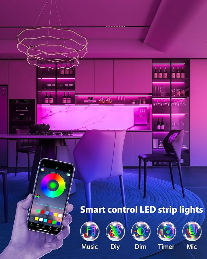ASOKO 300 Lumens RGB Under Cabinet Led Light Plug in, 6 Pack 12 inch Linkable Under Counter Lights, Music Sync RGB LED Strip Lights with APP & Remote Control, Ambient Lights for Room Decor