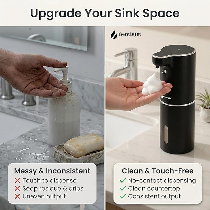 GentleJet JetFoam Automatic Foam Soap Dispenser Touchless Sensor, USB-C Rechargeable, Adjustable Output, IPX5 Waterproof, 300 ml, Bathroom & Kitchen Countertop