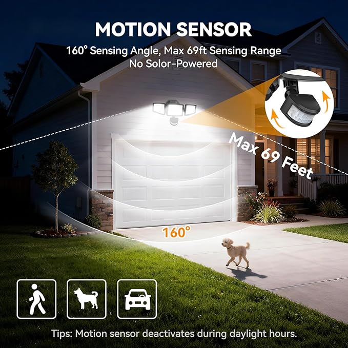 LED Security Lights Motion Sensor Light Outdoor, 7000LM, 6500K, Waterproof, Flood Light Outdoor Motion Detector with Adjustable 3 Head, Hardwired Wall Light for Entryway, Yard, Garage (2)