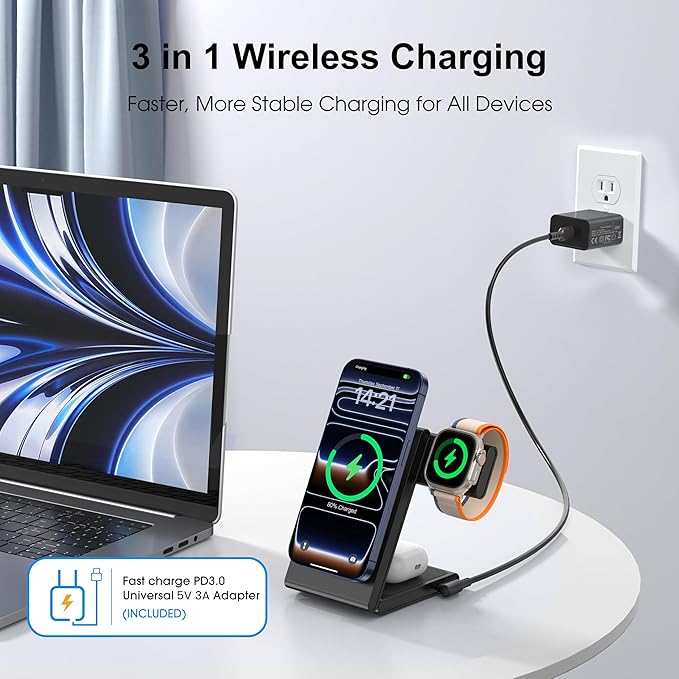 New Travel Foldable 3 in 1 Wireless Charging Station for Apple Magsafe Charger Stand,Fast Magnetic Wireless Charger Station for iPhone 17 Air 16 15 14 13 12 Series,Airpods Pro,Apple Watch Ultra