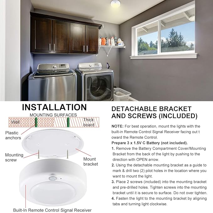 BIGMONAT Wireless LED Shower Light, Battery Powered Ceiling Light with Remote, Motion Sensor Bathroom, Closet Brightness Dimmable, 250 Lumens, 4.8 Inches