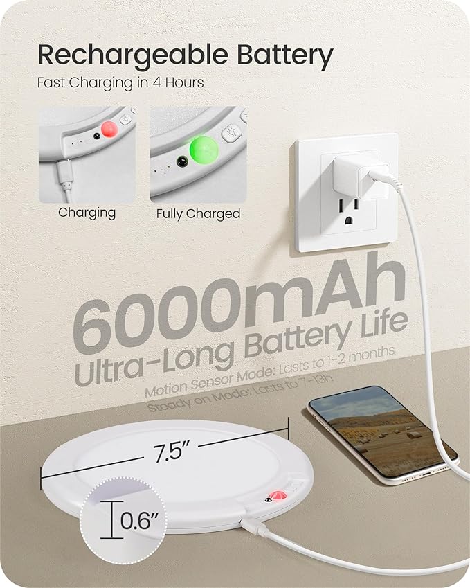Rechargeable Motion Sensor Ceiling Light with Remote, Wireless Ceiling Light Battery Operated, No Wiring, Magnetic, Dimmable Shower Light, Timer, 3 Color 6000K, Rechargeable Light for Closet Hallway