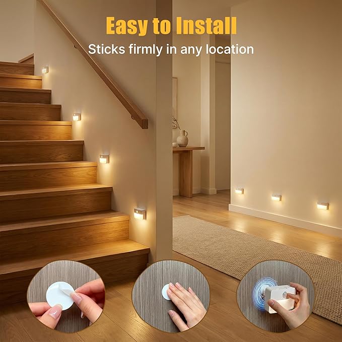 3 Pack Rechargeable Motion Sensor Stair Lights Indoor, Automatic Activated LED Night Light Wireless Battery Powered Portable Hallway Step Toilet Closet Lamp for Bedroom Kitchen