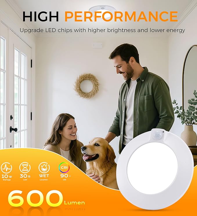 CLOUDY BAY Motion Sensor Ceiling Light Indoor,120V CRI90 10W 5000K Bright Day Light,6.5 inch LED Flush Mount Ceiling Lighting Fixture for Garage,Walk-in Closet,Attic,Pantry Wet Location White Finish