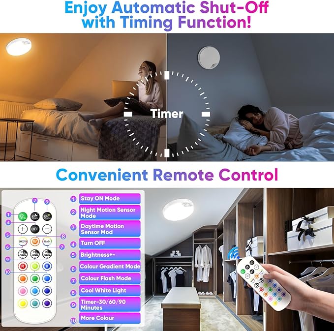 2-Pack 10000mAh RGB Rechargeable Motion Sensor Ceiling Light with Remote, Battery Operated Closet Light No Wiring, Magnetic Wireless LED Ceiling Lights,3 Color Indoor Overhead Lamp for Shower Hallway