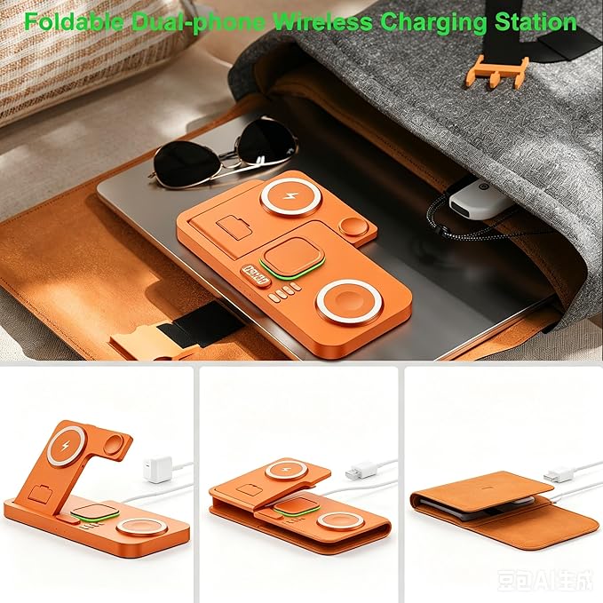 Dual Phone Wireless Charging Station for Apple Devices, Magnetic Charging Station for iPhone with Auto Switch 7-Color Light&Clock,Family Watch Charger for iPhone17 for iWatch11for AirPods Pro3(Orange)