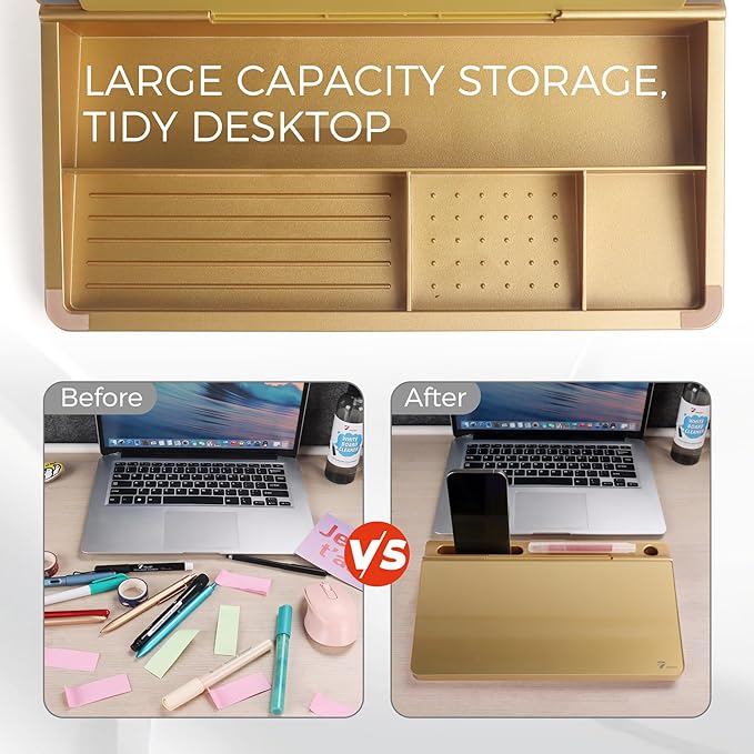 TOWON Small Compact Glass Desktop Whiteboard with Storage – 12 x 7 in Dry Erase Board for Desk, Home Office, School | Includes 5 Markers, Eraser & Holder | Space-Saving Organizer, Metallic Gold
