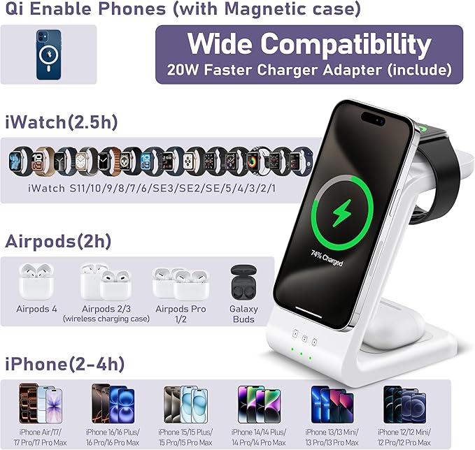 Smtcsl 3 in 1 Wireless Charging Station: 5000mAh Removable Power Bank Charger Stand for Phone/Watch/Air Pods - Portable Magnetic Battery Pack for Air 17 16 15 14 13 12 Series White