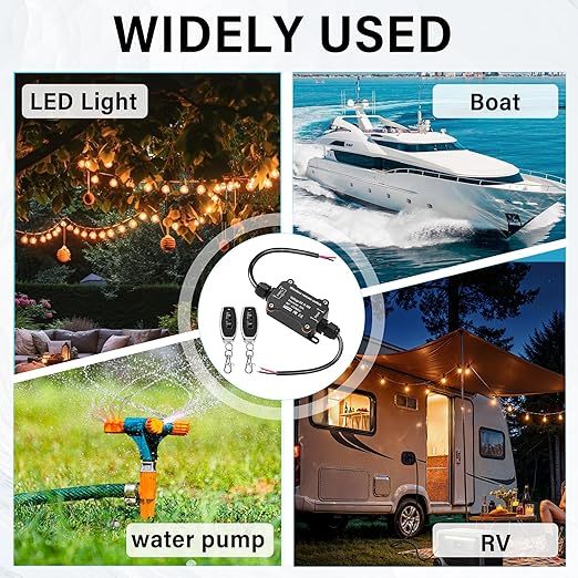 DC 12V 24V 48V Wireless Remote Control Switch,433MHz RF Relay Switch 20A Heavy Duty,IP67 Waterproof Receiver,164Ft Long Range Control for RV,Marine,Solar,Water Pump,Lights, Fans