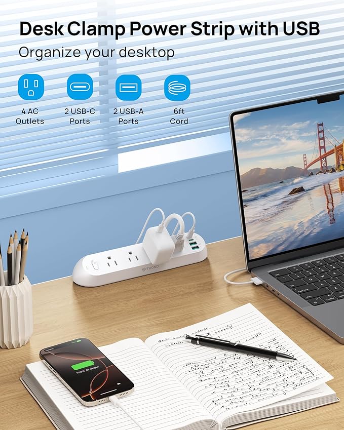 TROND Desk Clamp Power Strip 20W USB C, Surge Protector with 4 Outlets 4 USB Ports, Flat Plug 6ft Extension Cord, 1700J, ETL Listed, Fits 1.97 inch Tabletop Edge, for Home Office Accessories, White