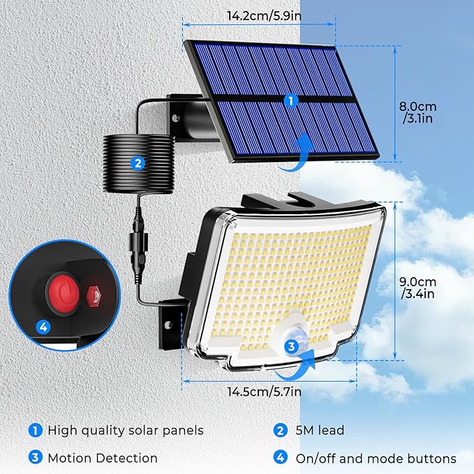 Peasur Solar Lights Outdoor Waterproof, [318 LED/3 Modes] Solar Motion Security Light, Flood Lights with 16.4 FT Cable for Outside Garden Garage Yard, 2 Pack