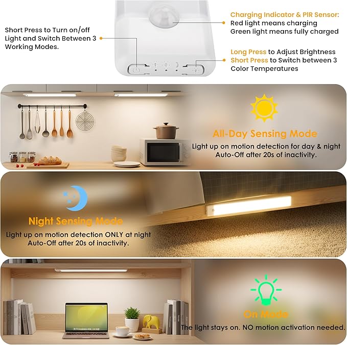 11.8 inch Motion Sensor Under Cabinet Light, 3 Color Temperature Dimmable Rechargeable Magnetic Closet Light Wireless Under Counter Lighting 5-Pack