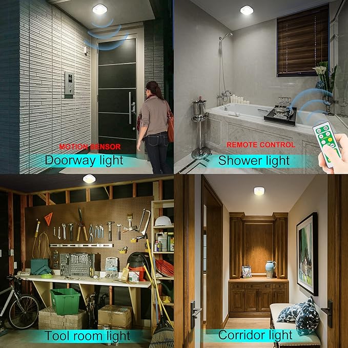 BIGMONAT Cordless Shower Light with Remote and Timer, Motion Sensor Ceiling Light, Battery Operated for Shower Bedroom Hallway Stair Corridor Closet Counter Bathroom, Brightness Dimmable