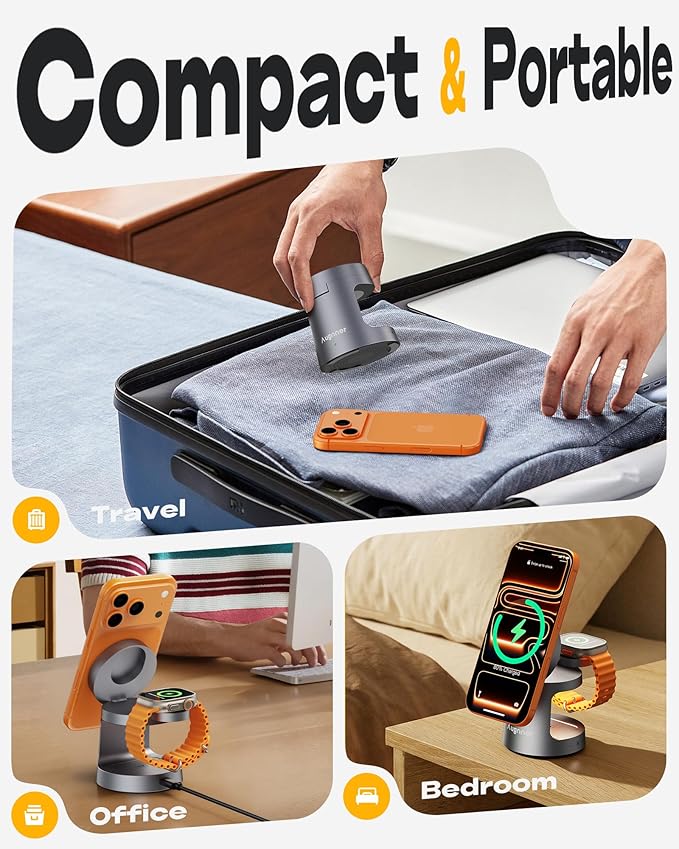 4 in 1 Charging Station Compatible with MagSafe Charger, Foldable Magnetic Wireless Charger with Night Lamp, 15W Fast Charging Stand for iPhone 17/16/15/14/13/12, Apple Watch, AirPods (20W Adapter)