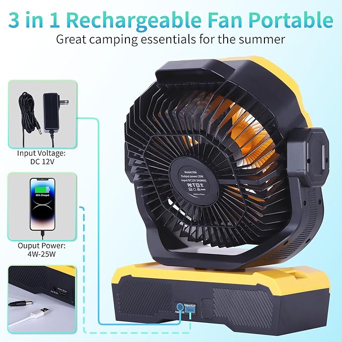 WESTTREE Battery Powered Fan Powerful Airflow Battery Operated Air Circulator Fan for Bedroom,Quiet & 360°Auto Oscillating Rechargeable Camping Fans with LED Light (RGBW) X66 Yellow