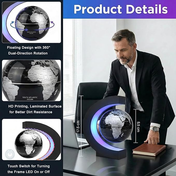 Magnetic Levitation Floating Rotating World Globe with LED Frame Lights, C Shape Levitating Globe, Touch Switch Night Light, Cool Tech Gifts for Men Dad Boys Kids, Office Desk Decor and STEM Gift