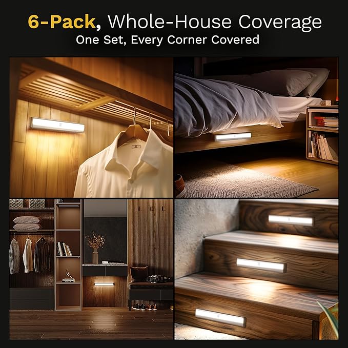 6 Pack Motion Sensor Lights, 10 LED Closet Battery Operated Lights, Stick-On Anywhere Magnetic Night Light Bar, Led Safe Light Indoor for Closet Stairs Wardrobe Under Cabinet