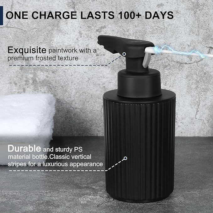 Automatic Soap Dispenser Liquid Touchless: 9oz Black Plastic - Rechargeable Electric Smart Auto Hand Soap Dispenser - Dish Bathroom Kitchen