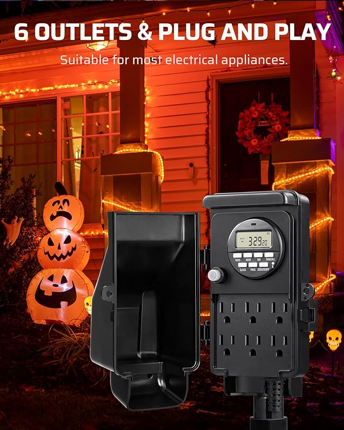 DEWENWILS Outdoor Digital Power Strip Timer, Multi Sockets, Waterproof 6 Outlets Garden Power Stake, 6ft Cord, Digital Timer for Lights, Yard, Garden, 15A Heavy Duty