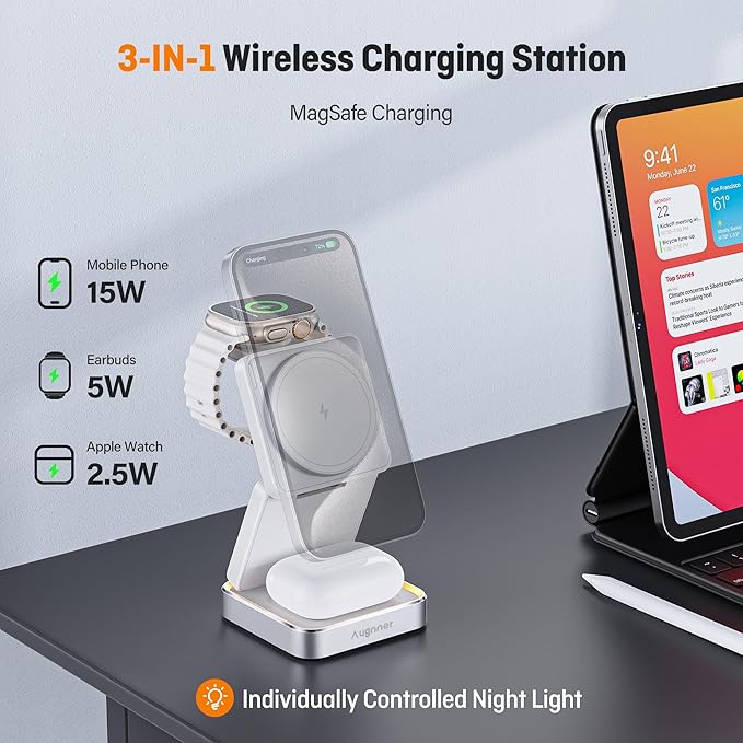 【2026 Upgraded】Wireless Charger 3 in 1, Foldable Wireless Charging Station with Light for Apple Magnetic Charger, Travel Magnetic Charger for iPhone 17/16/15/14/13/12 Apple Watch AirPods (20W Adapter)