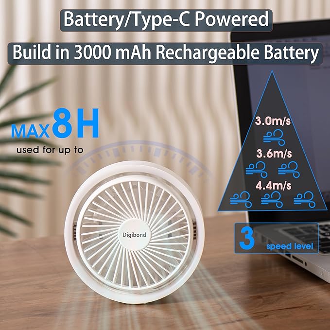 Digibond Small Desk Fan, Ultra Quite USB Fan Portable 3000mAh Rechargeable Battery Operate, High Power 3 Speed 5.3in With Ambient Light/Hook 180°Rotated Easy Clean (White)