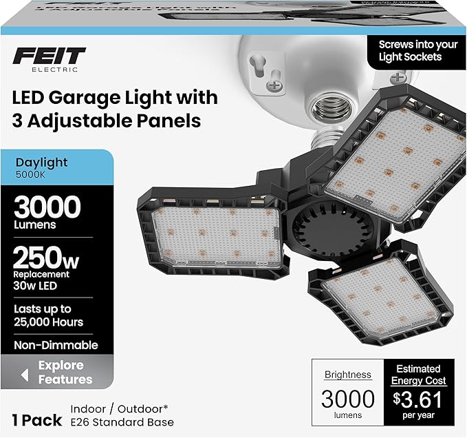 Feit Electric LED Garage Light, Multiple Adjustable Panels, E26 Base, Ideal for Garage, Workshop, Shed, 25,000-Hour Lifetime