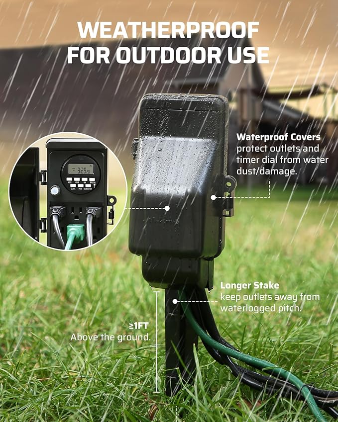 DEWENWILS Outdoor Digital Power Strip Timer, Multi Sockets, Waterproof 6 Outlets Garden Power Stake, 6ft Cord, Digital Timer for Lights, Yard, Garden, 15A Heavy Duty