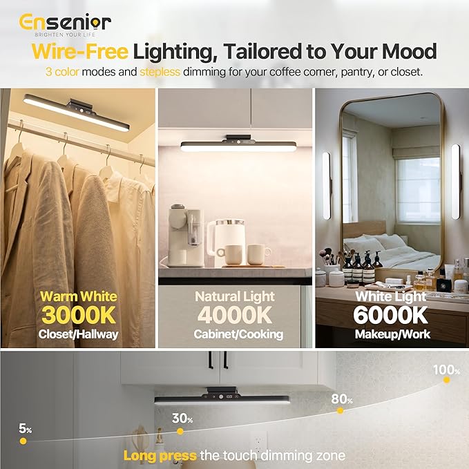 5W Rechargeable Motion Sensor Light Bar, 2000mAh Dimmable Under Cabinet Lighting Wireless with Digital Battery Display, 130° Rotatable Magnetic Closet Lights, Remote Control Stick on Lights Dorm