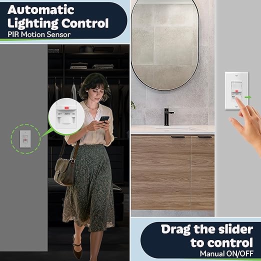 TOPGREENER Occupancy/Vacancy PIR Motion Sensor Light Switch, Learning Function, No Neutral No Ground Required, 200W Incandescent / 150W LED Load, UL Listed, Wall Plate Included, White, 6 Pack