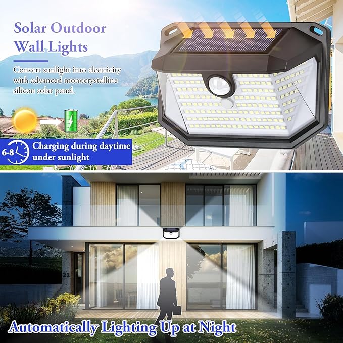 6-Pack Solar Wall Lights Outdoor with 3 Modes & Reflector, Waterproof Bright 178 LEDs Motion Sensor Security Lights, Solar Powered Flood Lights for Patio Garden Yard Porch Garage Front Door