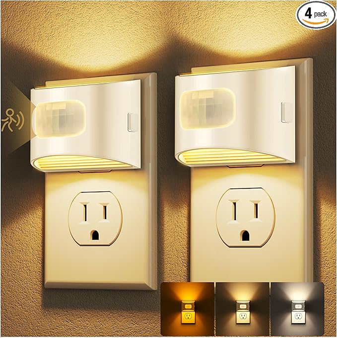 DORESshop LED Night Light[4 Pack], Night Lights Plug into Wall, 3 Color Temperatures Plug in Night Light with Motion Sensor, Dusk to Dawn Sensor, Nightlights for Adults, Bedroom, 3CCT, White Cover