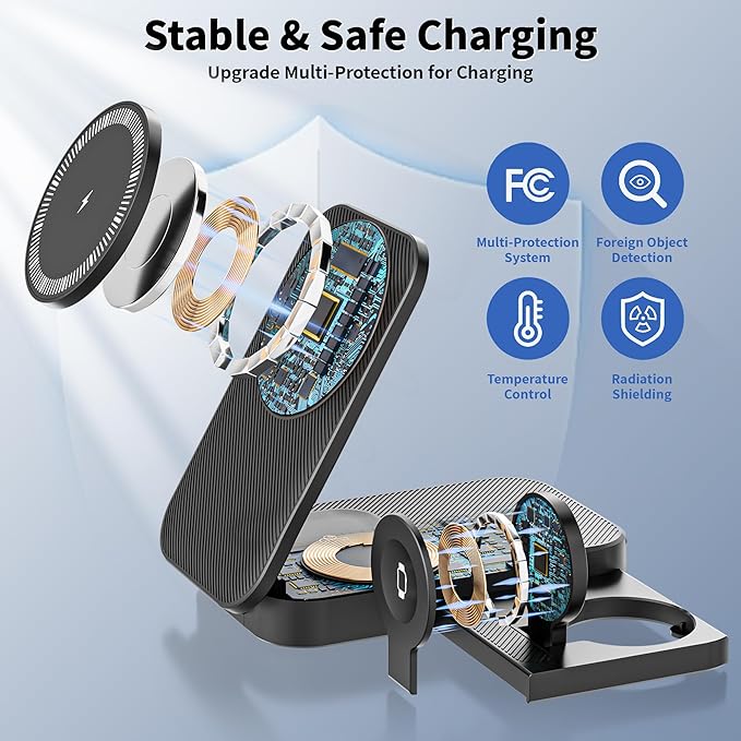 3 in 1 Wireless Charger Stand, 25W Foldable Wireless Charging Station for Apple Multiple Devices Fast Magnetic Charger with 6FT USB C Cable for iPhone 17 16 15 14 13 12 Series/Apple Watch/AirPods Pro
