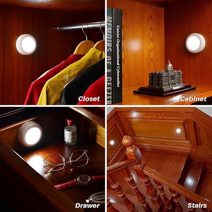 STAR-SPANGLED 3 Pack 3.1” Motion Sensor Lights Indoor AA Battery Operated, Stick on LED Puck Light for Closet, Stairs, Under Cabinet, Kitchen, Cool White
