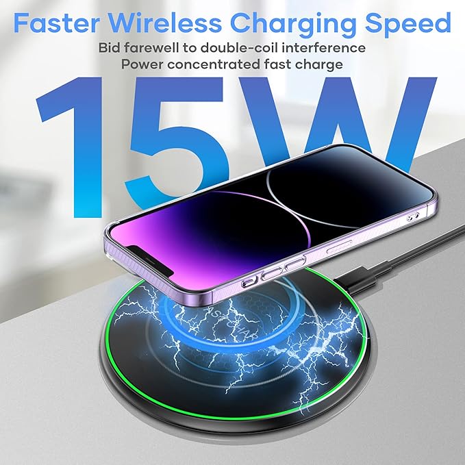 Wireless Charger Compatible with iPhone 16 15 14 13 12 11 Pro Max/Mini/Plus/XR/X/8, 15W Max Fast Wireless Charging Pad Mat for Galaxy S23/S22/S21/S20/S10, Air Pods Pro/3/2, Galaxy Buds