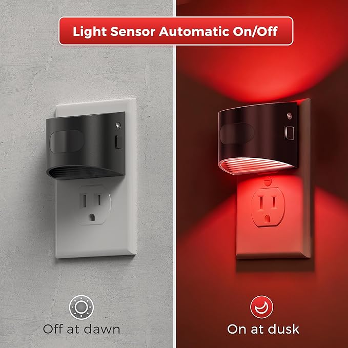 L LOHAS LED Night Light with Motion Sensor & Dusk to Dawn Sensor, Night Lights Plug into Wall with 30-100lm Adjustable Brightness, Dimmable Night Light for Bathroom Hallway, Red, 2 Pack