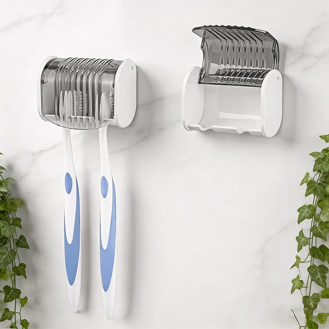 2 Pack Toothbrush Holder Wall Mounted with Cover for Bathroom, 2 Slots Toothbrush Storage Organizer for Shower, Self Adhesive Toothbrush Hanger (Grey)