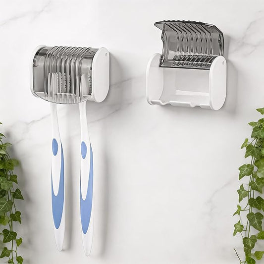 2 Pack Toothbrush Holder Wall Mounted with Cover for Bathroom, 2 Slots Toothbrush Storage Organizer for Shower, Self Adhesive Toothbrush Hanger (Grey)