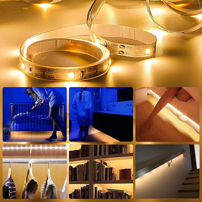 Motion Sensor LED Light Strip, 2PCS 9.8Ft Motion Sensor Light Indoor with Automatic Shut-Off Timer, Motion Activated Bed Lights Under Cabinet Lighting Kit for Bedroom Home Hallway-Warm White