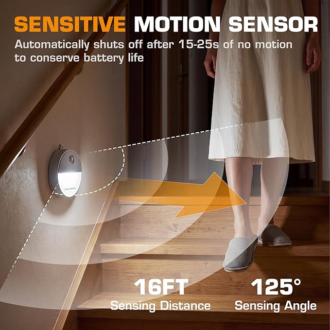 EverBrite LED Motion Sensor Night Light, Automated On & Off, Cool White Motion Activated LED Night Light for Kitchen, Bathroom, Stairs, Bedroom - with 18 AAA Batteries, 6-Pack