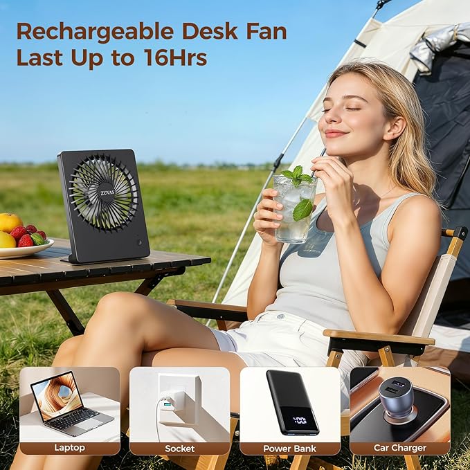 Zuvas Desk Fan Battery Operated Fan Rechargeable 180°Tilt Folding Personal Fan Ultra Quiet Small Portable 3 Speed Adjustable Strong Wind Fan For Office Bedroom Home Desktop Camping (Black)