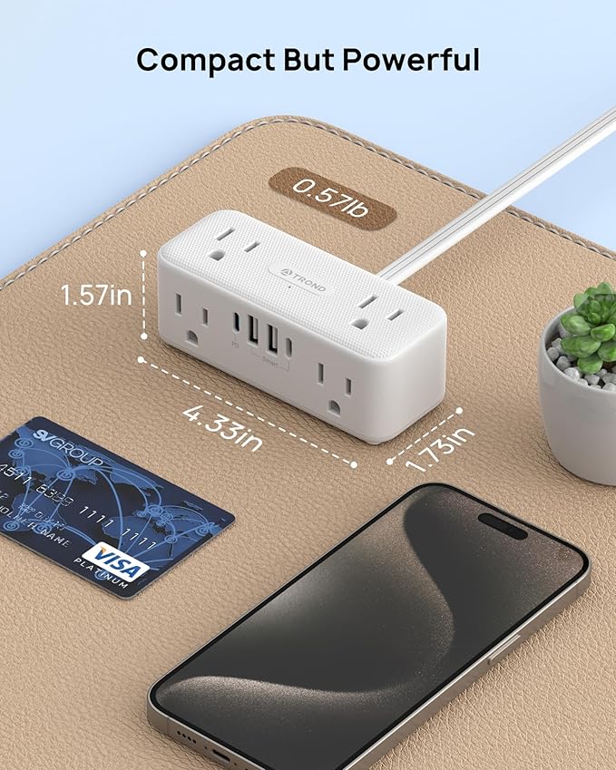 TROND 20W USB C Power Strip Surge Protector - 5ft Flat Plug Extension Cord with Multiple 6 Outlet, 4 USB, 900 Joules, 3 Sided Design, Mountable, Compact for Home Office Travel Dorm Room Essentials