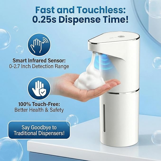 Automatic-Foaming-Soap-Dispenser-Touchless,Type C Rechargeable White Hand Soap Dispenser 13oz/350ml with 3 Foam Levels Wall Mounted & Countertop Design for Kitchen Bathroom IPX5 Waterproof