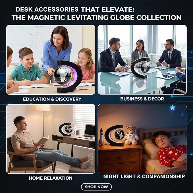 Magnetic Levitation Floating Rotating World Globe with LED Frame Lights, C Shape Levitating Globe, Touch Switch Night Light, Cool Tech Gifts for Men Dad Boys Kids, Office Desk Decor and STEM Gift